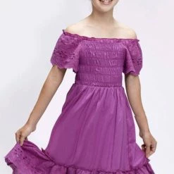 Hannah Banana Girls Eyelet Lace Ruffled Smocked Dress