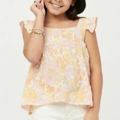 Hayden Girls Textured Floral Button Back Ruffle Tank