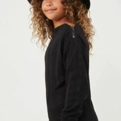 Hayden Girls Textured Zipper Detail Long Sleeve Knit Top