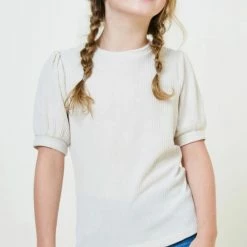 Hayden Girls Tan Ribbed Puff Sleeve Tee